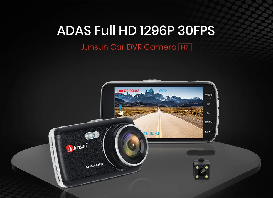 Junsun Авто тире камера ADAS Full HD 1296P привод рекордер Видео Регистратор Автомобильный видеорегистратор с тыловой камерой s " ips экран