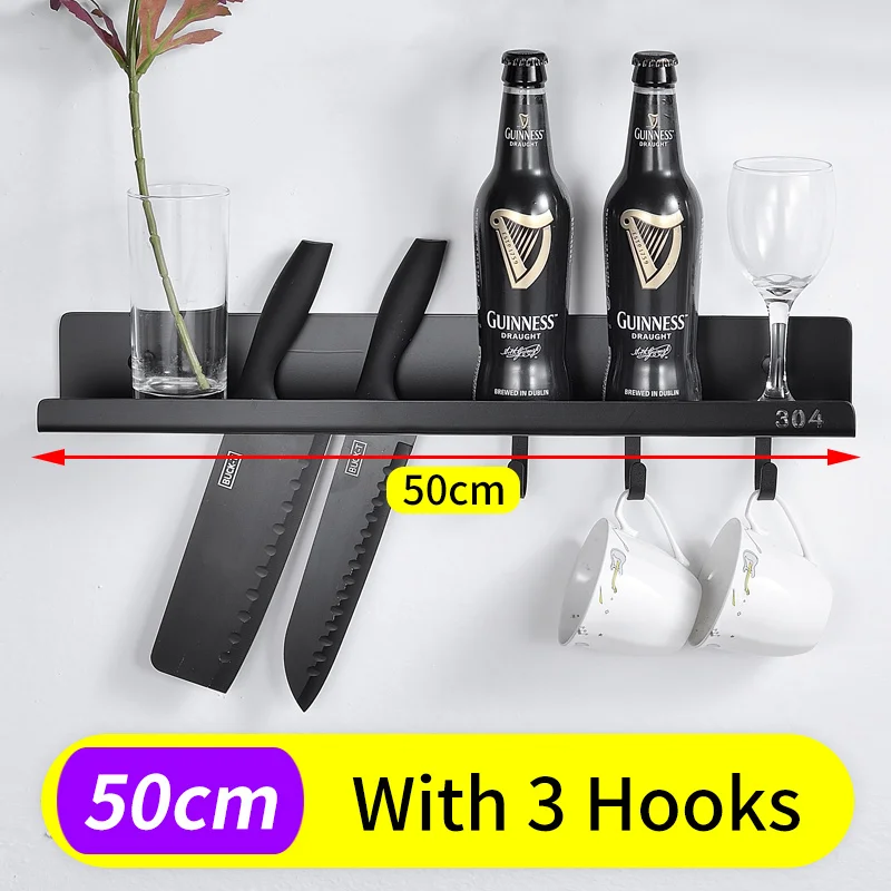 With Hooks-50cm Полка для ванной комнаты из черной нержавеющей стали, полки для ванной комнаты с 3 крючками, настенная душевая стойка, декоративные полки для кухни - Цвет: With Hooks-50cm