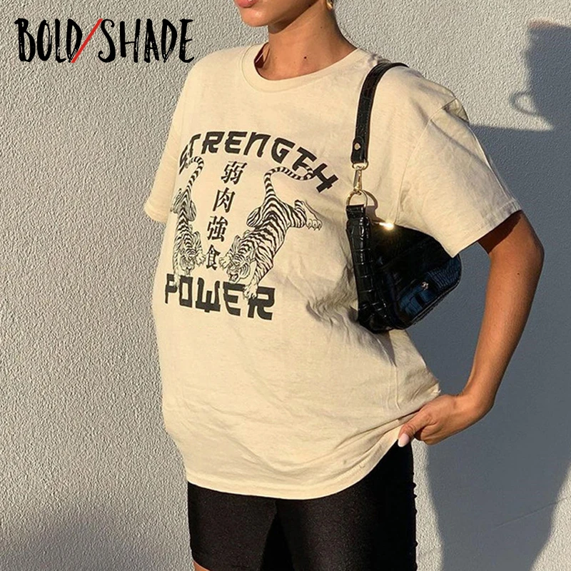 

Bold Shade Streetwear Urban Style Tee Shirt Oversized Tiger Print Letter Short Sleeve T-shirt Casual Grunge Women Indie Clothes