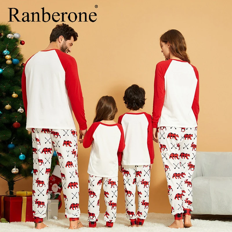 Ranberone Splicing Tracksuit Printing Kids Family Christmas Set Breathable Health Long Sleeve And Trousers Family Suit Mother