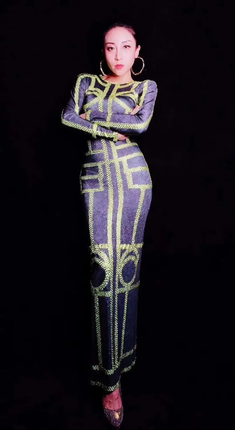 

Яркие черные золотые стразы с длинными рукавами платье для ночного клуба для женщин певица танцевальное шоу платья Женский День Рождения П...