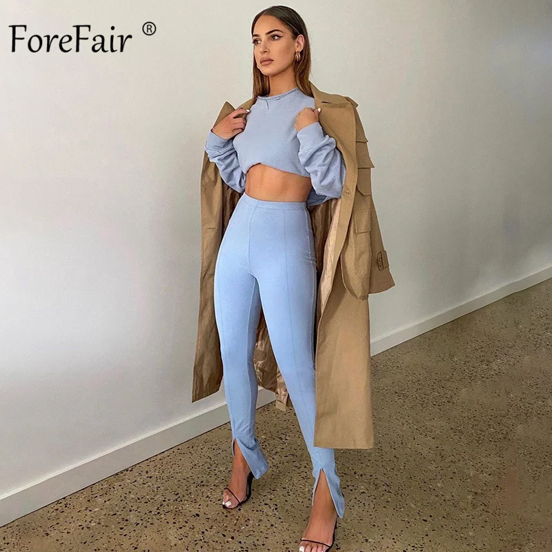 

Укороченный свитшот и брюки Forefair, повседневная одежда из двух предметов, Спортивная туника с кулиской, укороченные топы, брюки с разрезом, с...