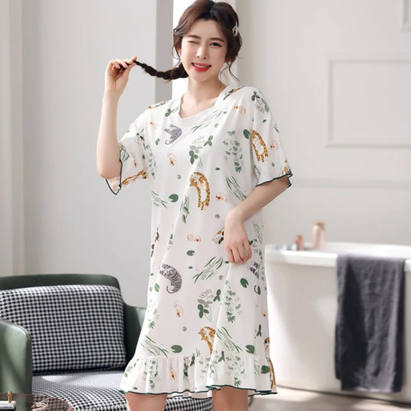 

2021New pajamas women's skirts with stitches short-sleeved nightdresses spring and autumn summer homewear nightdresses sleepwear