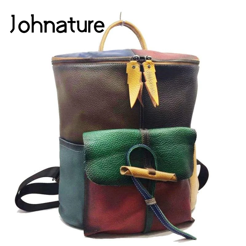 

Женский рюкзак из воловьей кожи Johnature, вместительный рюкзак с ручной росписью, дорожная сумка в стиле ретро, 2022