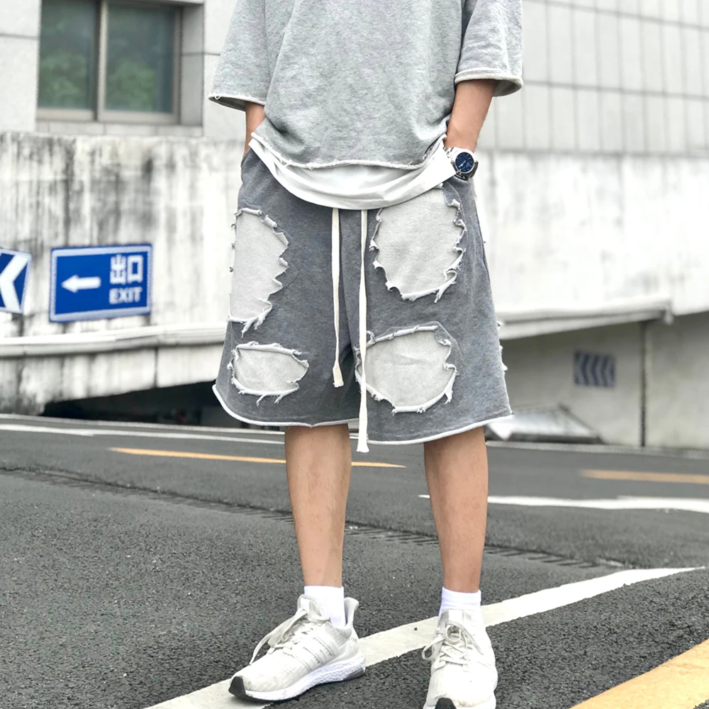 

Kanye Sweatpants Shorts Men Streetwear Distressed Destroyed Drop-crotch Short Harajuku Oversized Knee Length Shorts Hip Hop
