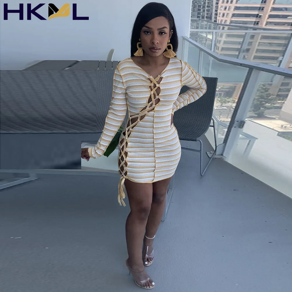 

2021 Fall Women Dress Long Sleeve Stripe Knitted Hollow Out Lace Up Fashion Bodycon Clubwear
