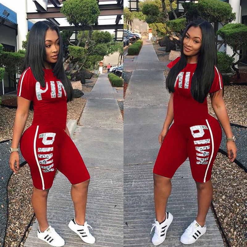 

Fanco Casual Pink Letter Print Women Two Piece Set New Summer Rompers Sexy Striped T-Shirts And Skinny Pants 2pcs Outfits