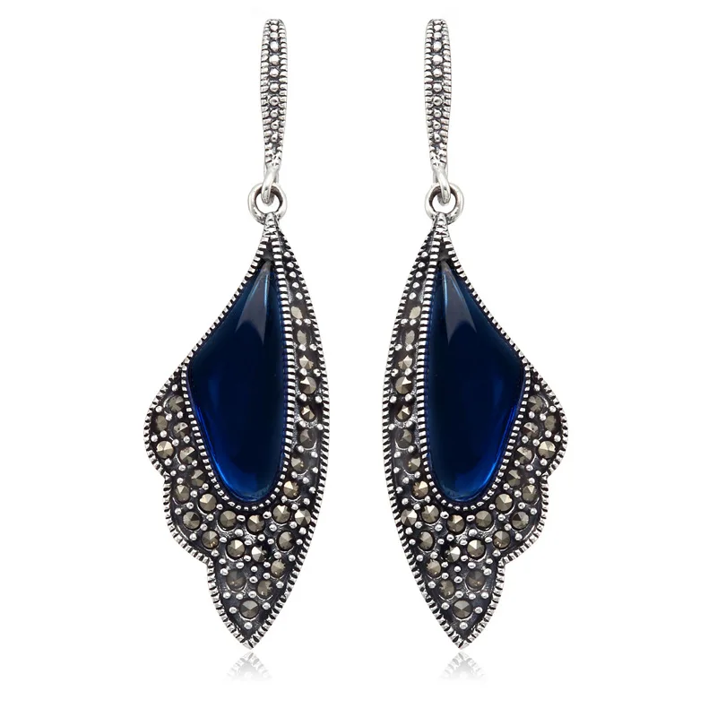 

2 COLORS 47*14.5MM 925 STERLING SILVER NATURAL SEMI-PRECIOUS STONES EARRINGS FEMALE BLUE CORUNDUM RETRO LONG GIRLFRIEND GIFT