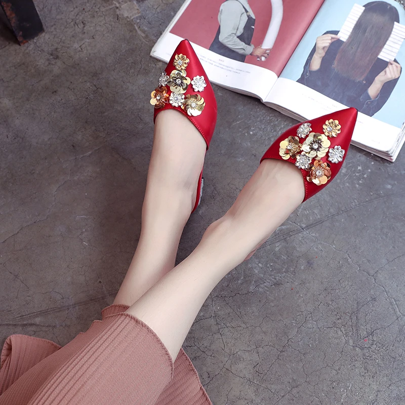 Женские шлепанцы с блестками шелковые туфли без задника цветочным принтом