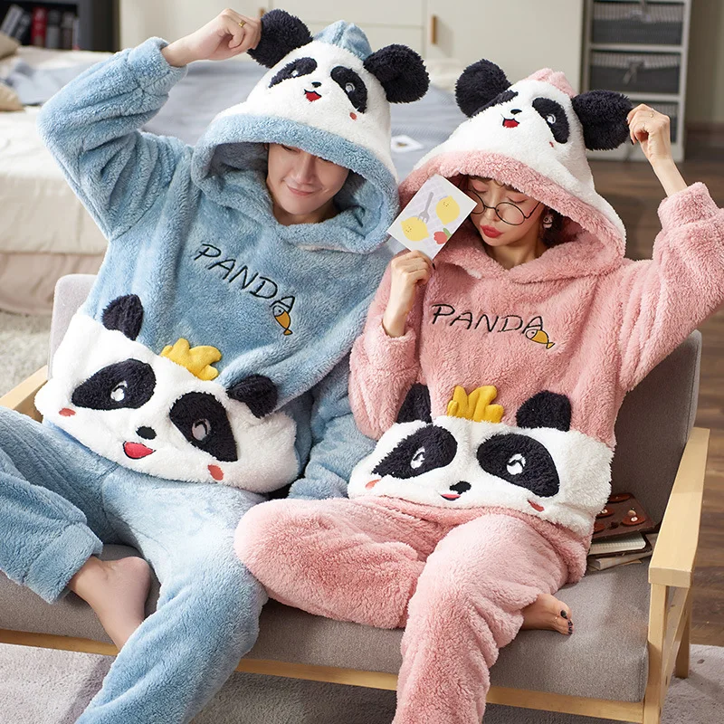 

Winter Thicken Couples Pajamas Sets Women Men Pyjamas Sleepwear Cartoon Panda Korean Lovers Homewear Soft Warm Pijama Hoodies