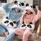 Зимние Утепленные пижамные комплекты для пар, женские и мужские пижамы, одежда для сна, домашняя одежда в виде мультяшной панды, мягкая теплая Пижама с капюшоном