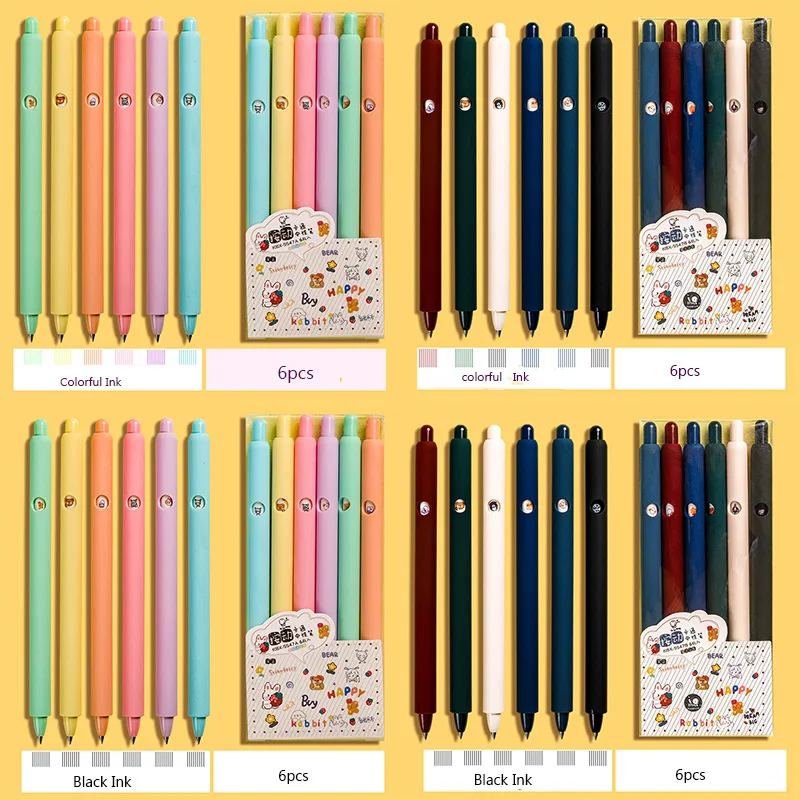 

6pcs/lot Retro Color Press Gel Pens 0.5mm Colorful Black Ink Cartoon Pen Gifts Writing Drawing School Office Supplies Stationery