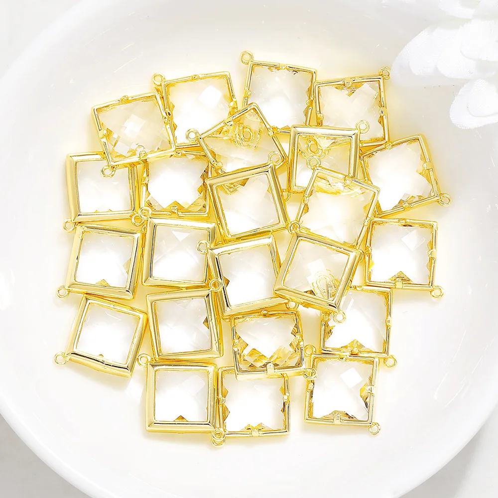 

4PCS 10x14MM Hole 1MM 24K Gold Color Plated Brass with Glass Square Connector Charm Pendant High Quality Diy Jewelry Accessories