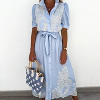 summer puff sleeve elegant women dress casual hollow out embroidery long dresses female vintage blue tie up belted shirt robe