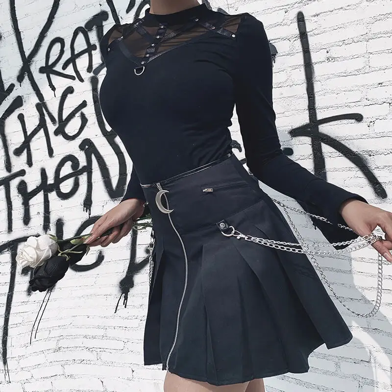 Сетчатые Лоскутные облегающие черные топы с длинным рукавом женские готические