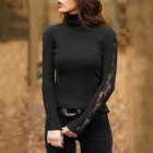 Эстетическое с высоким, плотно облегающим шею воротником; Футболки; Модная одежда с длинными рукавами футболка женская повседневная обувь черного цвета в винтажном стиле; Женские топы, женские футболки