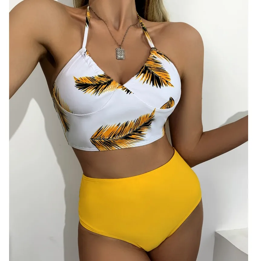 

Summer Bikini Set Halter Feather Print High Waist Womens Split Swimwear Beachwear