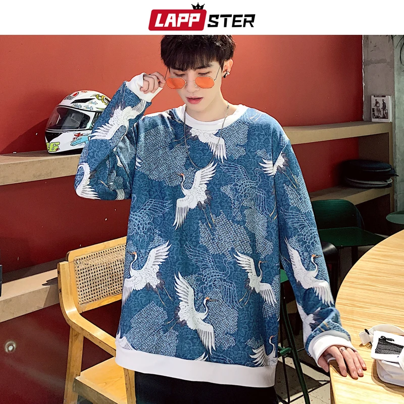 LAPPSTER Men Patchwork Crane Oversized Hoodies Mens Japanese Streetwear Hip Hop Sweatshirts Male Harajuku Kpop Hoodie 5XL