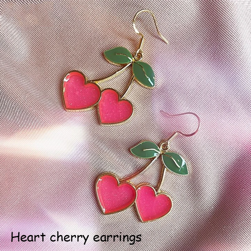 Egirl Aesthetic Pink Heart Cherry Earrings for Women Y2K Jewelry Vintage Charms Cute Harajuku INS Earrings Friends Gifts Fashion