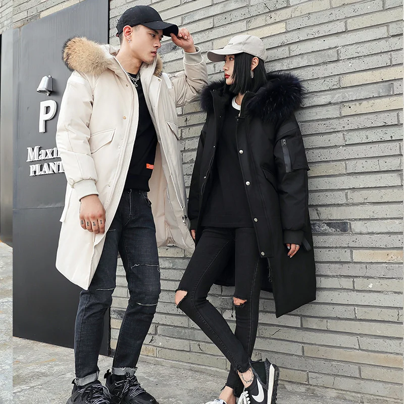 

Winter couple's down jacket medium long knee thickened wool collar cap students' men's and women's warm youth simple outdoor