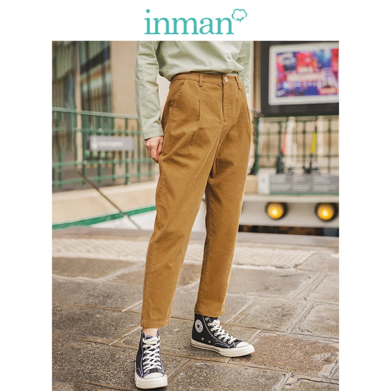 INMAN, осень, Новое поступление, хлопок, средняя талия, одноцветные, модные, универсальные, шаровары, вельветовые, женские, повседневные, узкие брюки