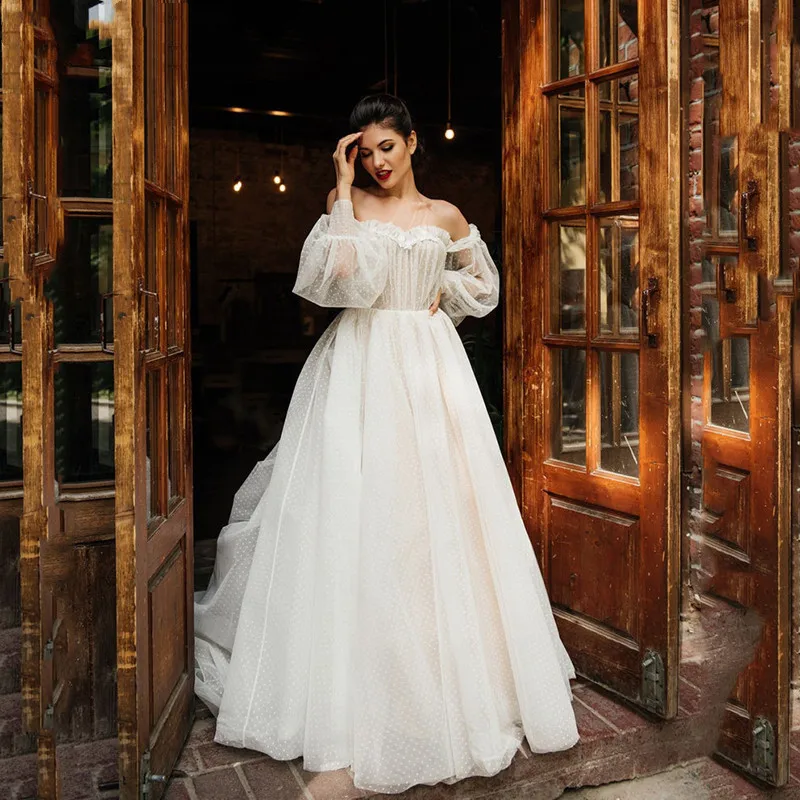 

Off Shoulder Dot Lace Wedding Dresses Puff Sleeve Lace Vestido De Noiva Wedding Dress Robe De Soiree Bride To Be Robe De Mariée