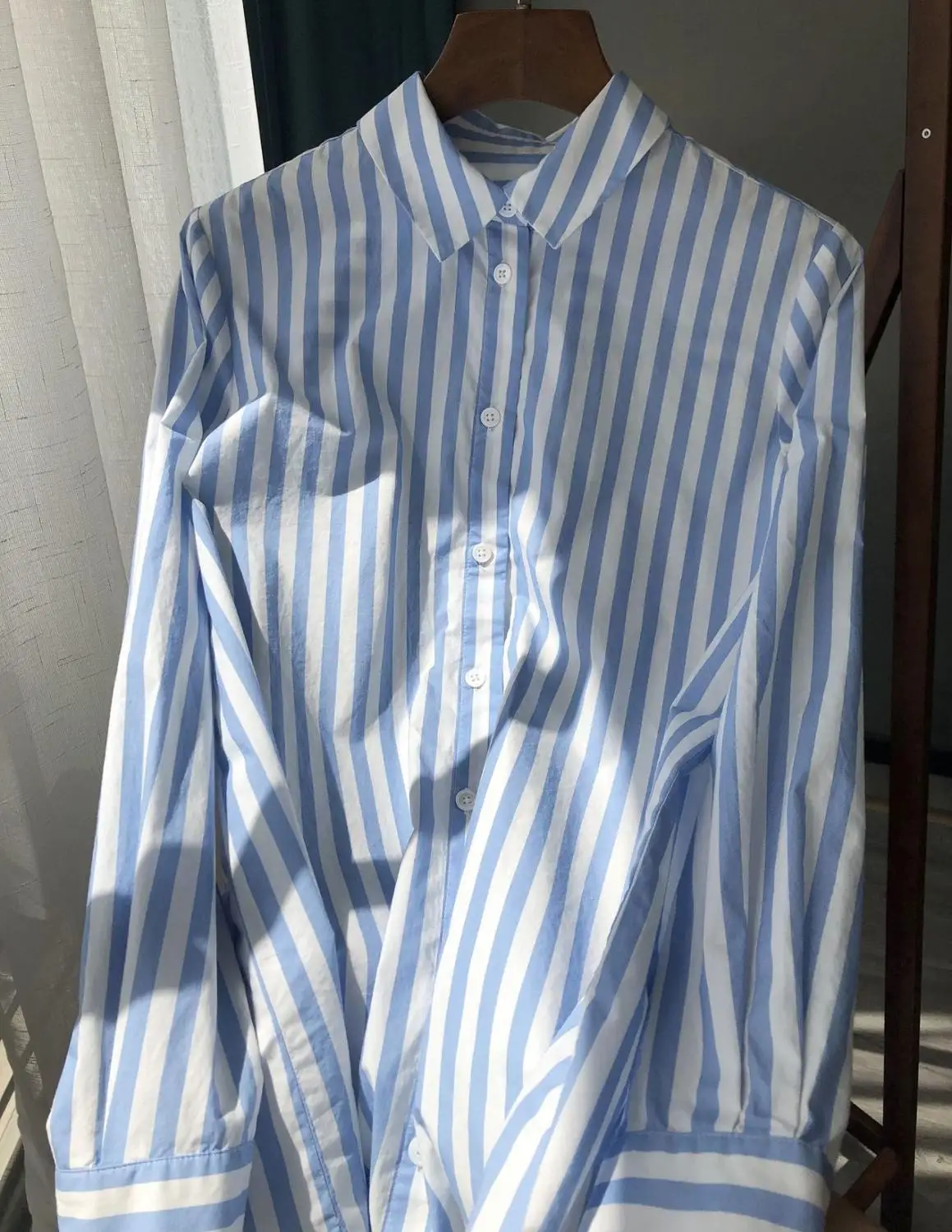 

Women Shirt Button Autumn Blue and white Stripes Long Sleeve Ladies office blouse simple Casual Shirts Tops