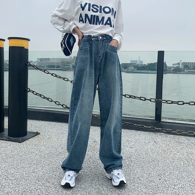 

Autumn and winter jeans female personality buttons pants waist drag floor BF wind loose straight tube dad pants wide leg pants