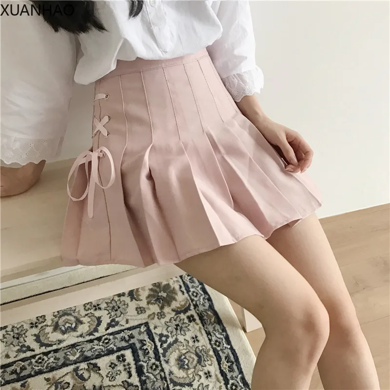 

Japanese Harajuku Summer Women Mini Skirt High Waist White Black Pink Female Saia Bandage Preppy Style Kawaii Pleated Cute Skirt