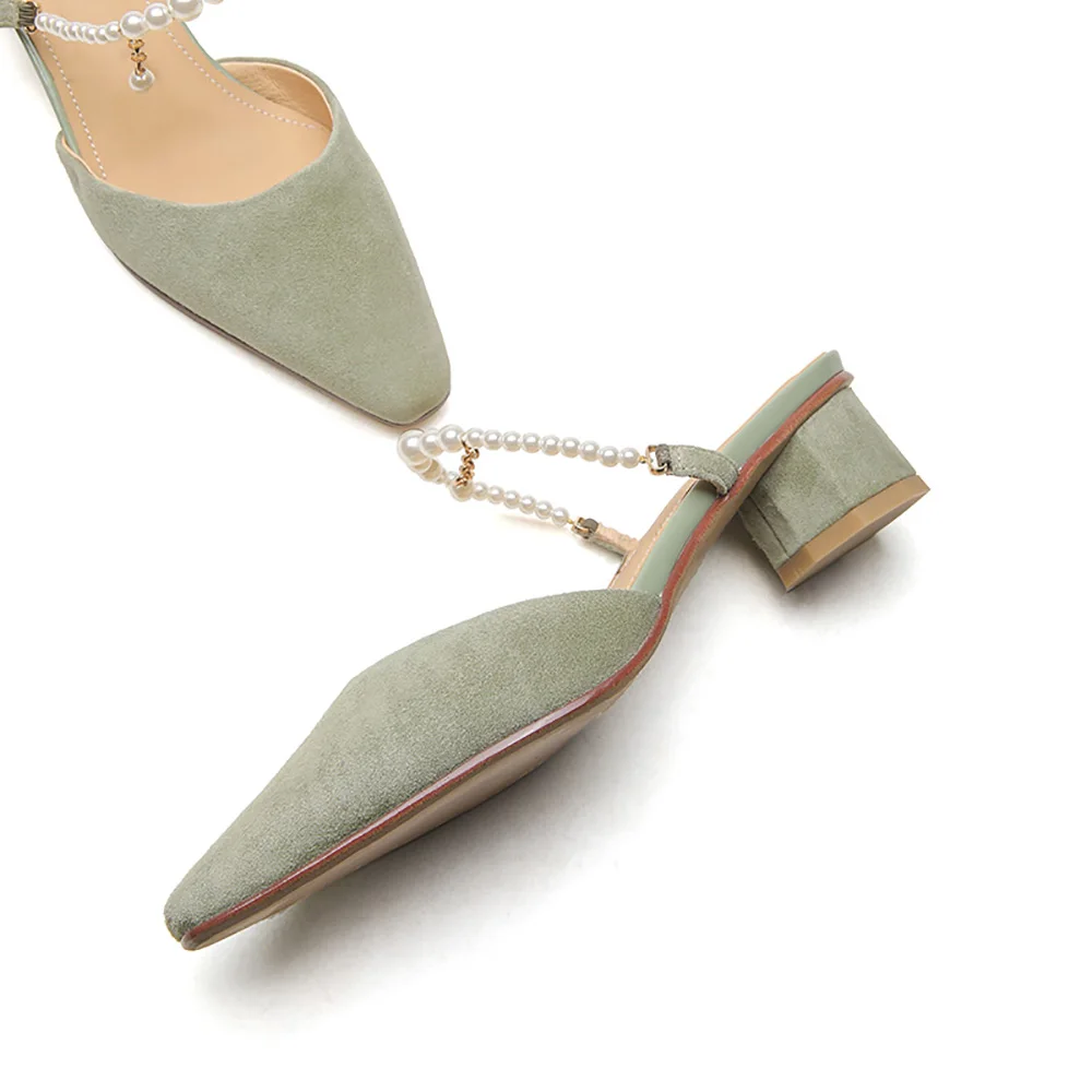 

ISNOM 2021 New Women Mules Square Toe Genuine Leather Slides Chunky Med Heels Slippers Slip On Mules Female Casual Cozy Shoes