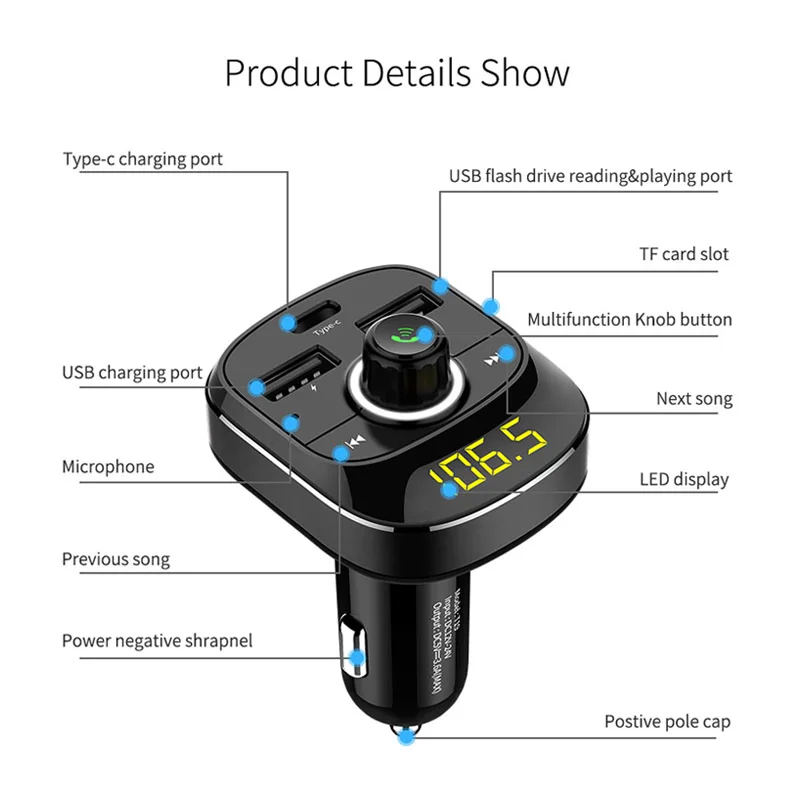Автомобильный комплект jajabor с Bluetooth, беспроводной fm-передатчик, громкая связь, A2DP, воспроизведение музыки, зарядный порт type-C, поддержка TF карты/U диска