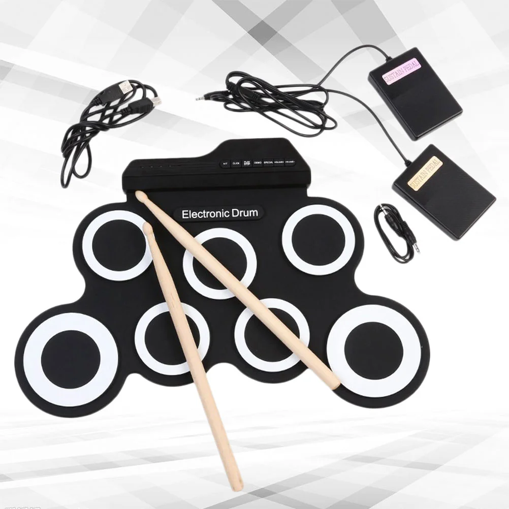 

1 Set of USB Charging Electric Drum Hand Roll Drum Set Portable Drum Kit Practice Drum Black