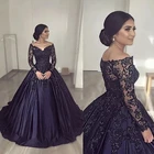Темно-синие Quinceanera платье 2021 с v-образной горловиной и длинными рукавами, с сатиновой кружевной аппликацией, темно-синего цвета, для выпускного вечера вечерние платья принцессы бальное платье сладкий 15 развертки поезд
