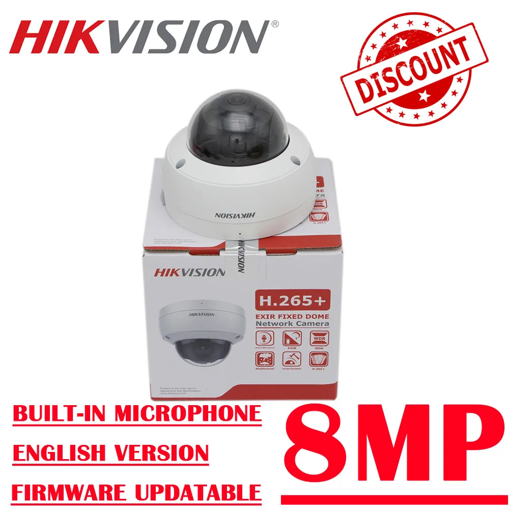 

8MP 4K Original Hikvision English DS-2CD2183G0-IU WDR Fixed IP IR CCTV POE Dome Network Camera with Build-in Mic