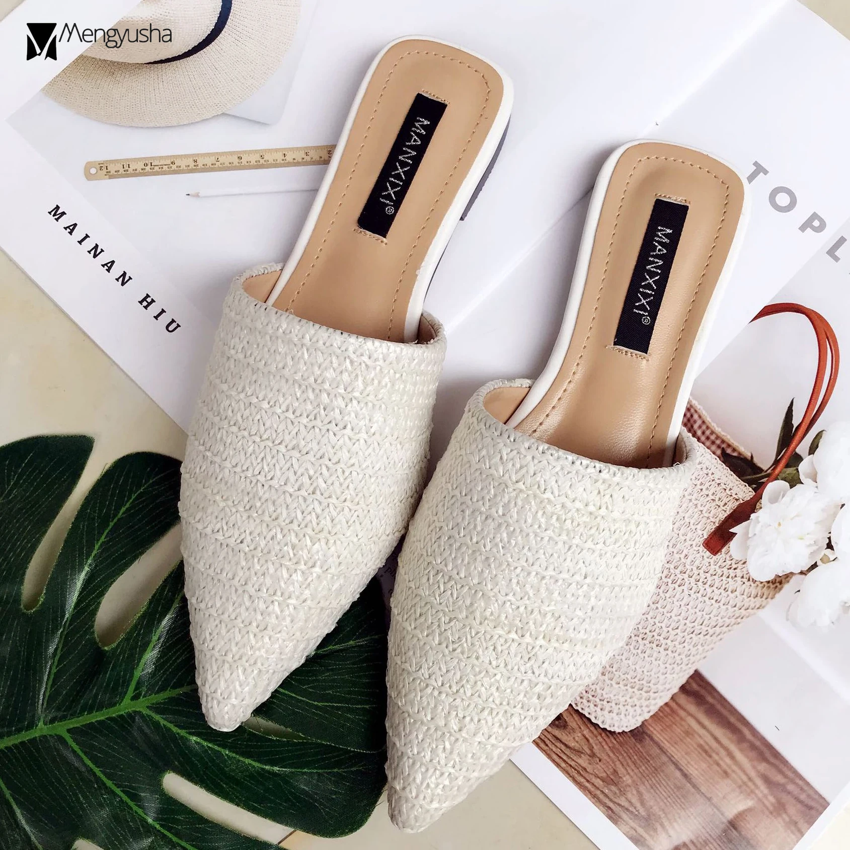 Мюли женские плетеные соломенные сандалии с заостренным носком брендовые