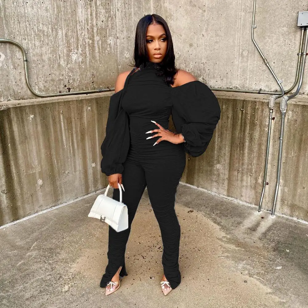 Echoine Sexy Lace Up Backless Jumpsuit Off Shoulder Halter Rompers Pleated Stacked ELegant Skinny Overalls Club Party Streetwear