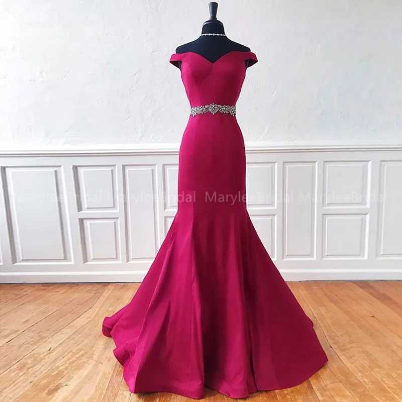 Long Mermaid Evening Dresses Off Shoulder Beaded Belt Burgundy Prom Gowns Satin vestido de noite Sweep Train Party | Свадьбы и