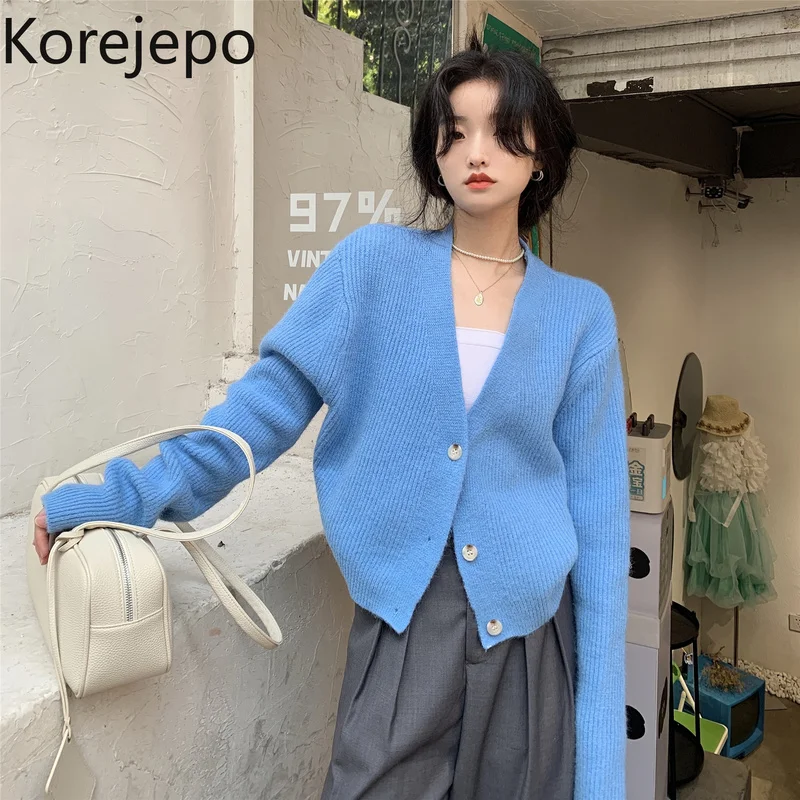 

Korejepo Women Knitted Cardigan 2021 Autumn New Korean Chic Sweet Gentle Solid Blue Sweater Jacket Short Female Sweater Jacket