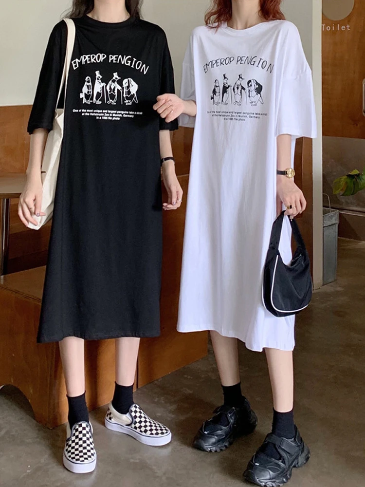 

Maxi T Shirt print Dress For Womens Oversize Summer Casual Black White Long Dresses short sleeves Fashion Skirt Plus Size