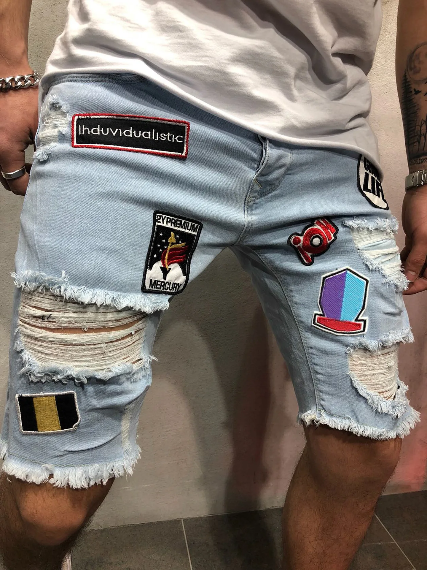 

Shorts Jeans for Man Personality Male High Street Spodenki Hole Patch Elastic Sweatpants Embroidery Slim Short Pants Men Denim