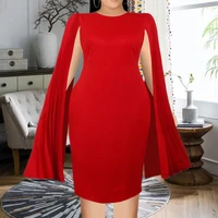 o neck women midi dress clock sleeve pleated elastic package hip christmas evening party celebrate event robe large size