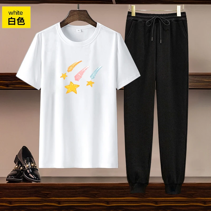 

Houthion Women Two Piece Set Print T Shirts and Pants Sets Summer O-neck Short Sleeve T-shirt + Pants Suits Loose Suit