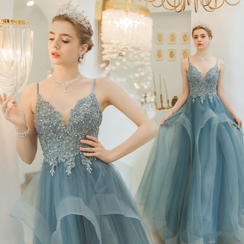 SSYFashion Новое романтическое синее вечернее платье, для банкета, элегантное, с v-образным вырезом, Appliuques, с блестками, в пол, вечернее платье Vestido De Noche - Цвет: Синий