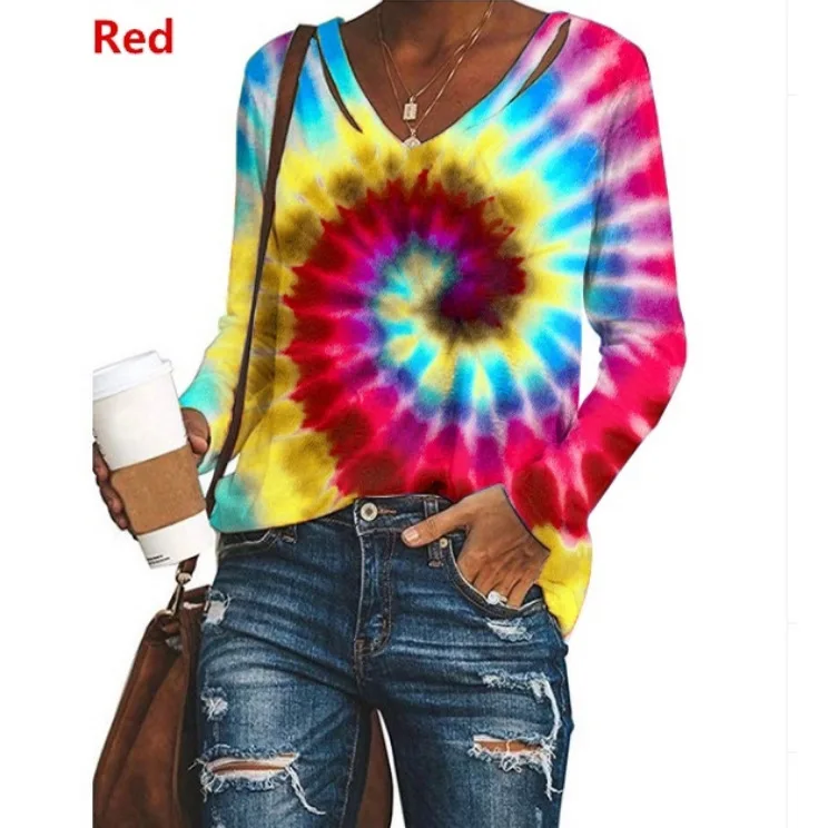

Women T-shirts Casual V Neck Tie Dye Print Long Sleeve Loose T-shirt Autumn Gradient Contrast Color TShirts Tops Femme Plus Size