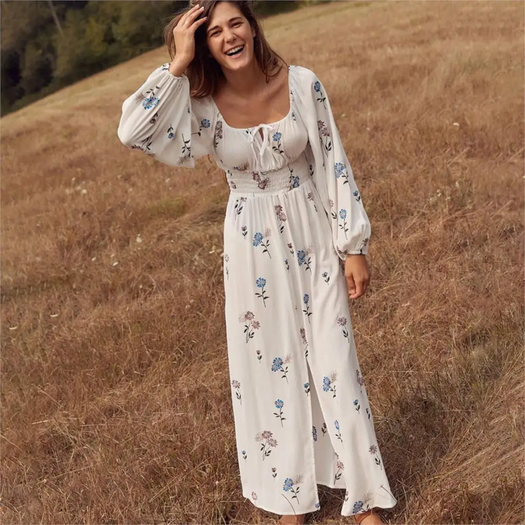 

Jastie Women Maxi Dress Embroidery Floral Print Dresses Long Sleeve Square Neck Boho Dress Beach Female Vestidos 2020 Spring