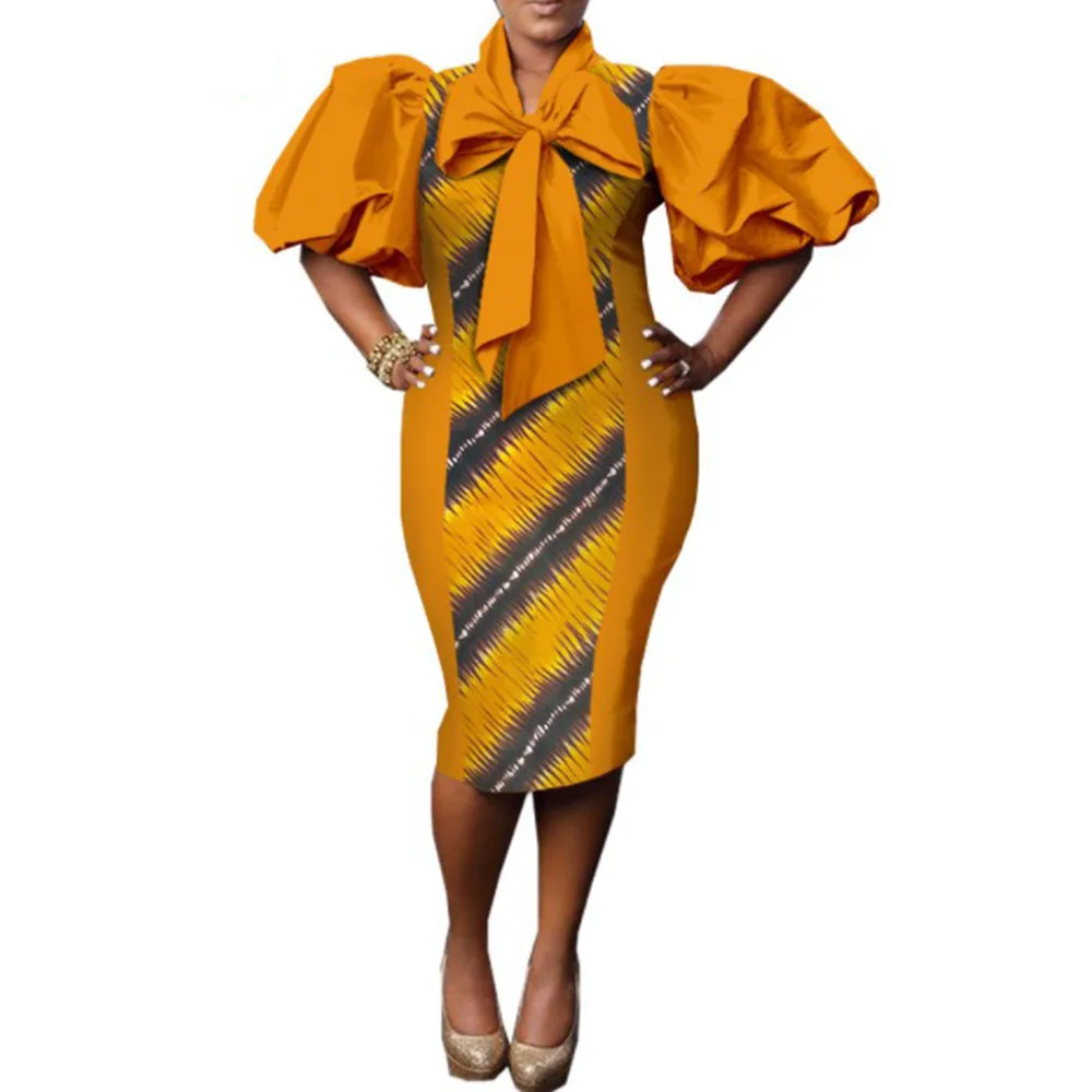 

2021 Women's Dress African Oversize Casual Printing Fashion Western Style Summer Puff Sleeve High Waist Solid Color