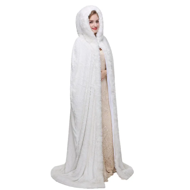 Длинная накидка из искусственного меха белая свадебная с капюшоном для невесты