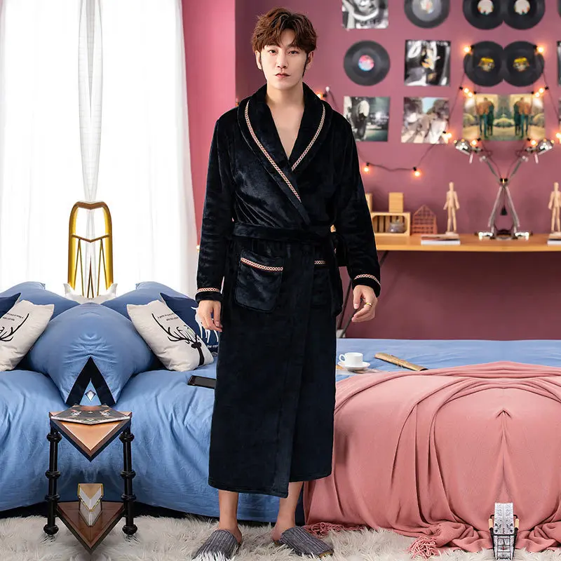 Новинка, зимнее плотное теплое женское кимоно с v-образным вырезом из кораллового флиса, халат для влюбленных пар, ночная рубашка, банное платье, одежда для сна, Мужская одежда для сна, размер XXL