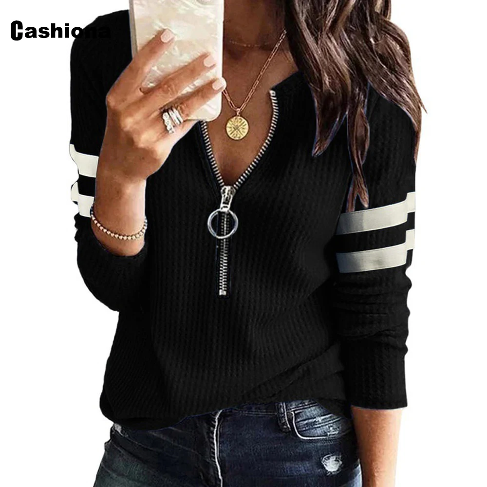 

Cashiona Women Elegant Leisure Casual T-shirt Girls Patchwork Striped Top Pullovers 2021 Autumn Fashion Zipper Tees shirt Femme