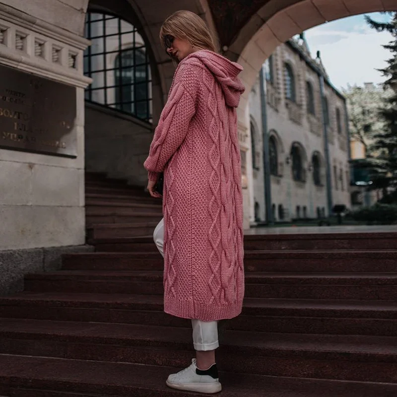 Long Cardigan Casual Lantern Sleeve Open Stitch Warm Women Sweater Winter Loose Knitted Hooded Coat Plus Size S-5XL |